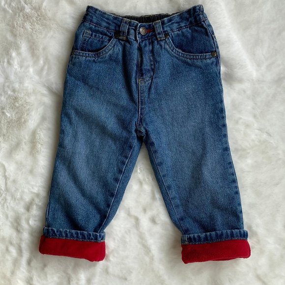 George Pull-On Blue Denim Jeans with Red Warm Fleece Lining  Size 12-18 Months - Picture 1 of 7